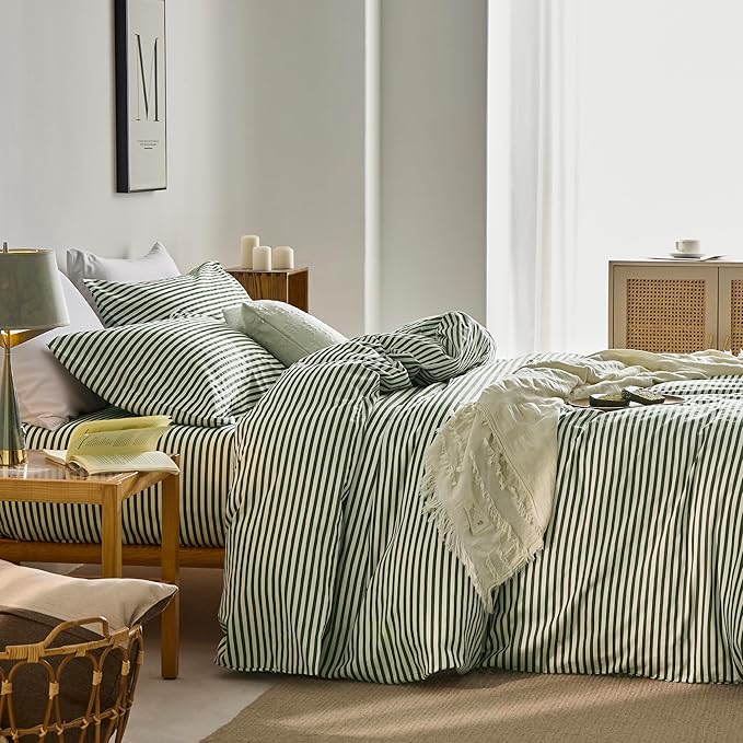 JELLYMONI 100% Natural Cotton 3pcs Striped Duvet Cover Sets,White Duvet Cover with Green Stripes Pattern Printed Comforter Cover,with Zipper Closure & Corner Ties(King Size)