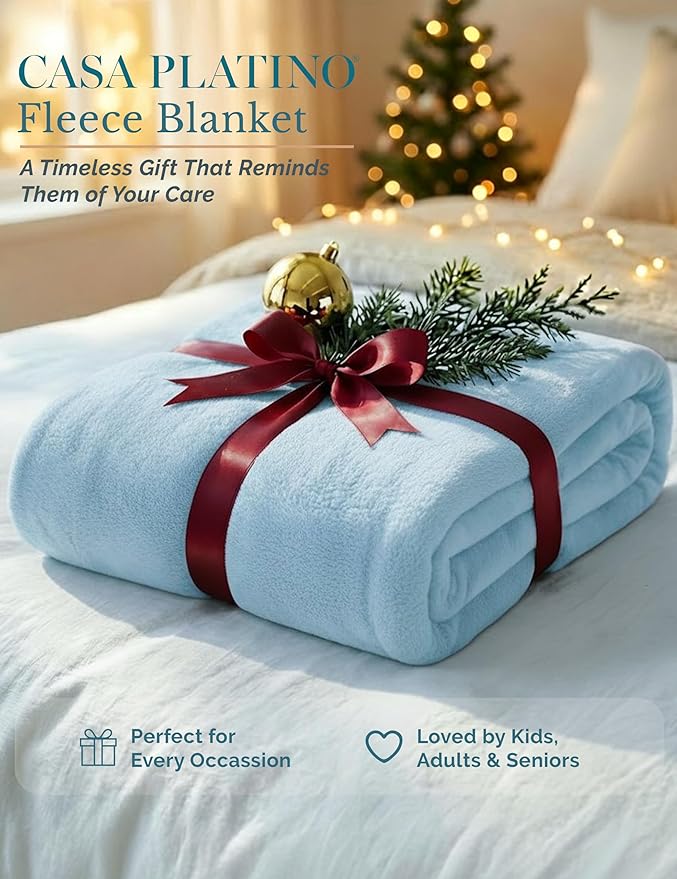 Casa Platino Fleece Blanket Twin Size – 300 GSM Light Blue Fleece Throw for Bed or Couch – Soft Cozy Warm Holiday Bed Blanket for Winter, Fuzzy Plush Elegant Gifts for Kids, Men & Women - 68x90 Inch