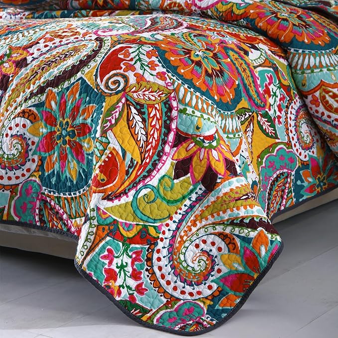 Qucover California King Quilt, Cotton Boho Paisley Quilt, 3 Piece Lightweight Oversized King Bedspread with Pillow Shams, Lightweight Colorful Bedding Comforter Sets, 118x106