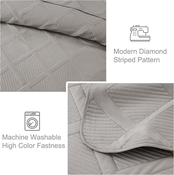 Exclusivo Mezcla Quilt Set Twin Size, 2 Pieces Light Grey Twin Quilt Bedding Set, Lightweight Quilts Soft Bedspreads Modern Striped Coverlets for All Seasons