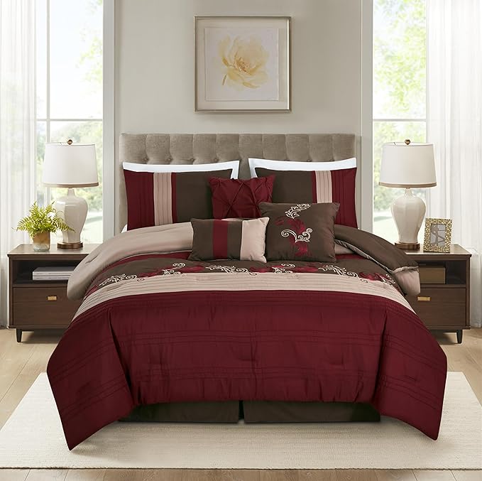 Chezmoi Collection Napa 7-Piece Luxury Leaves Scroll Embroidery Bedding Comforter Set (Queen, Burgundy/Taupe/Brown)