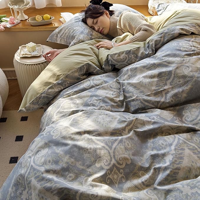 VM VOUGEMARKET Boho Duvet Cover Set Queen,Blue Gray Duvet Cover Matching 2 Pillow Shams,Retro Lightweight Bedding Set for Teens Adults