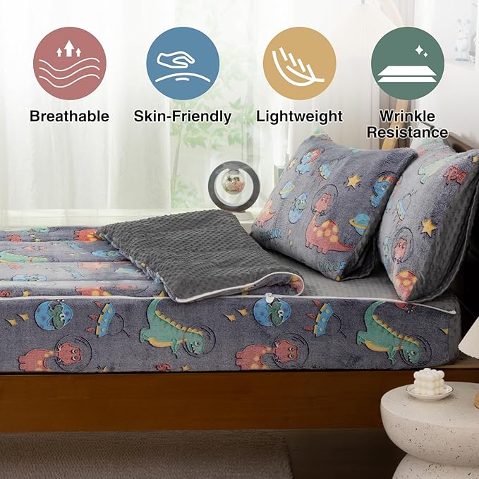 A Nice Night Dinosaur Printed Plush Zippered Comforter Set,Zipper Bedding Glow in The Dark for Child, Galaxy Theme,Twin