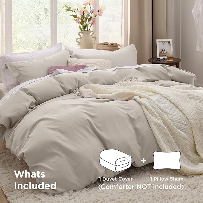 Bedsure Duvet Cover Twin/Twin XL Size - 2 Pieces Prewashed Cotton-Like Extra Soft Bedding Set, Includes 1 Twin Duvet Cover 68x90 Inches with Zipper Closure & 1 Pillow Sham, Linen, No Comforter