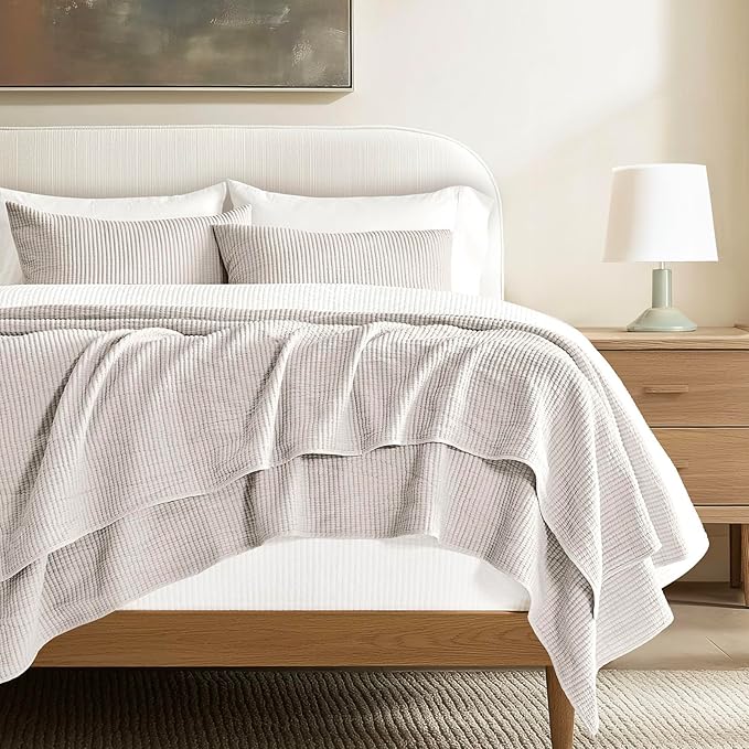 EVERGRACEHOME Cotton Coverlet Set Full Queen Size 3 Pieces, Lightweight Soft Ribbed Matelassé Bedspread Quilt Set, Cozy Oversized Quilted Bedding Set with 2 Pillow Shams for All Seasons, Birch