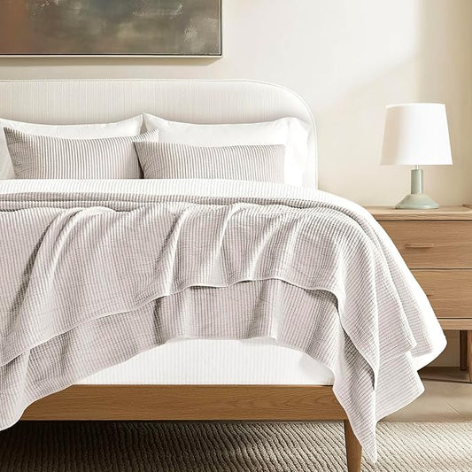 EVERGRACEHOME Cotton Coverlet Set Full Queen Size 3 Pieces, Lightweight Soft Ribbed Matelassé Bedspread Quilt Set, Cozy Oversized Quilted Bedding Set with 2 Pillow Shams for All Seasons, Birch