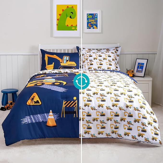 Joiedomi Kid Twin Comforter Set 5 Piece Construction Vehicle Bedding Set for Boys Girls Super Soft Microfiber Bed in a Bag with Comforter Sheets Pillowcase Sham