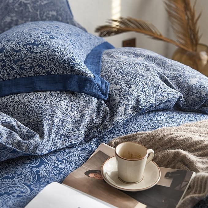mixinni Muslin Cotton Vintage Navy Blue Paisley Floral Duvet Cover Queen Size 3pcs Yarn Dyed Burgundy Jacquard Weave Bedding Comforter Cover Soft Breathable Bedding Sets for All Season-Queen Size