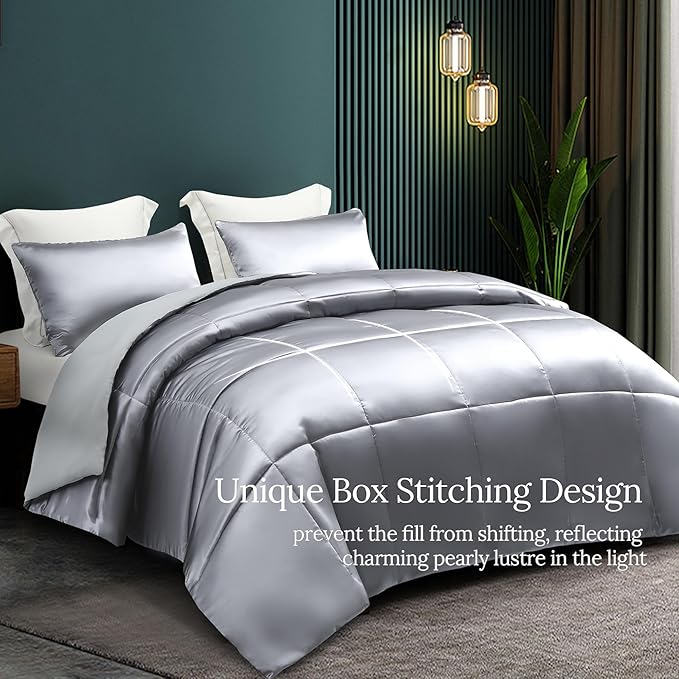 Whale Flotilla 3-Piece Reversible Silky Soft King Size Comforter Bedding Set, Luxurious Satin Comforters Oversized with 2 Satin Pillowcases, Lightweight Duvet for All Seasons, Grey