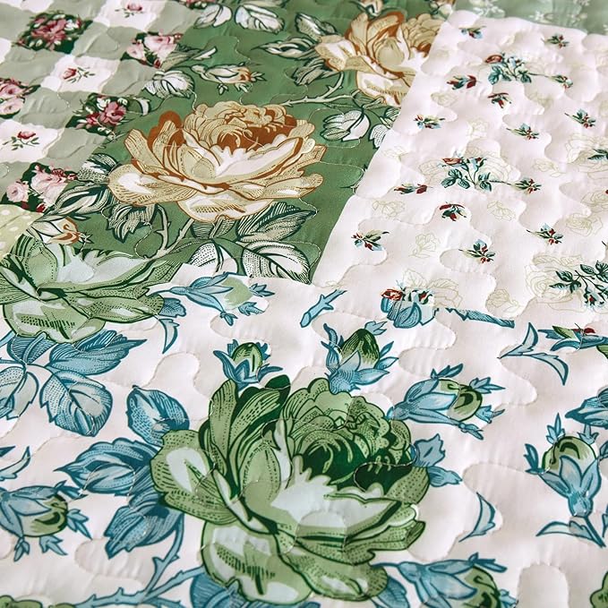 Anibedding Patchwork Quilt Set Queen Size Sage Green Floral Bedspread Coverlet Set, Green Rustic Plaid Quilted Bedding Set, Soft Microfiber Farmhouse Bedding Set for All Season