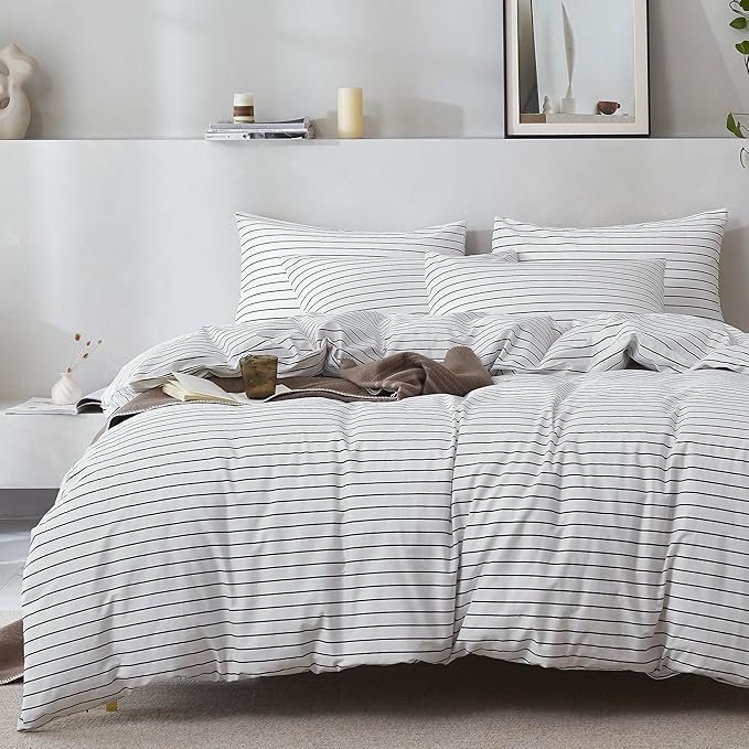 JELLYMONI 100% Natural Cotton 3pcs Striped Duvet Cover Sets, White Duvet Cover with Thin Black Stripes Pattern Printed Comforter Cover, with Zipper Closure & Corner Ties(Queen Size)