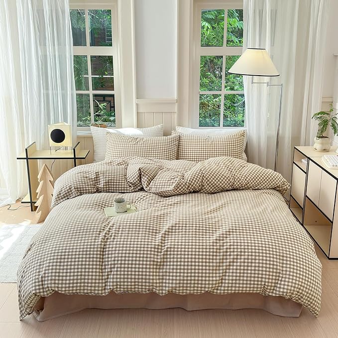 LifeTB Tan Gingham Duvet Cover California King 100% Washed Cotton Grid Bedding Set Beige Plaid Checked Duvet Cover 3 Pieces Vintage Grid Checkered Comforter Cover Soft Breathable Gingham Bedding Set