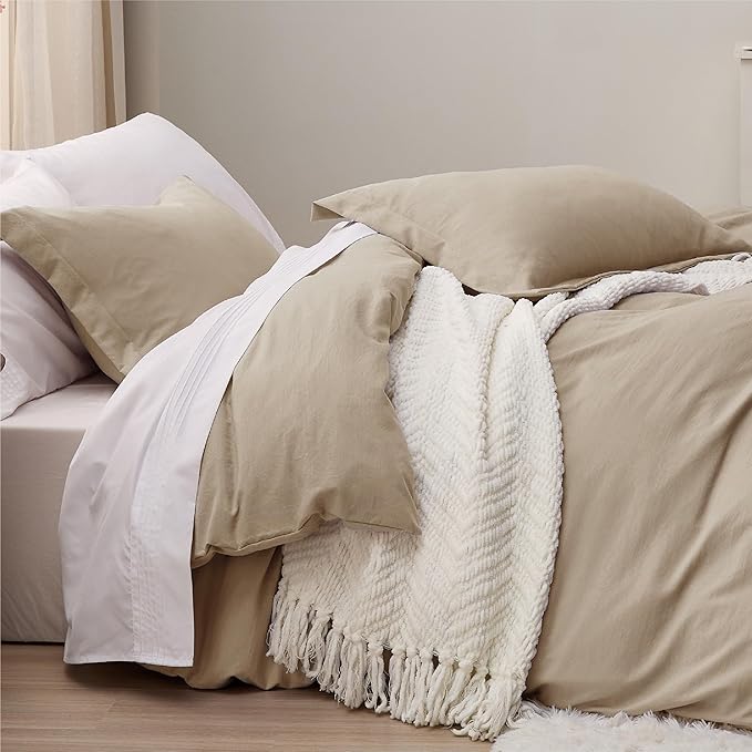 Bedsure Deep Beige Duvet Cover King Size - 3 Pieces Prewashed Cotton-Like Extra Soft Bedding Set, Includes 1 Duvet Cover 104x90 Inches with Zipper Closure & 2 Pillow Shams, Comforter Not Included