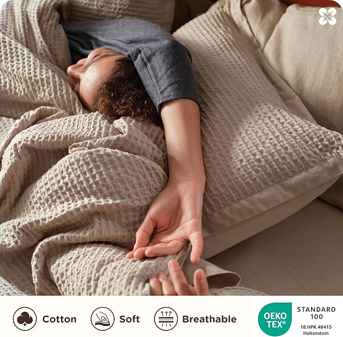 Bedsure Cotton Duvet Cover Queen - 100% Cotton Waffle Weave Khaki Duvet Cover Queen Size, GentleSoft™ and Breathable Tan Bedding Set for All Season, 3 Pieces, 90"x90"