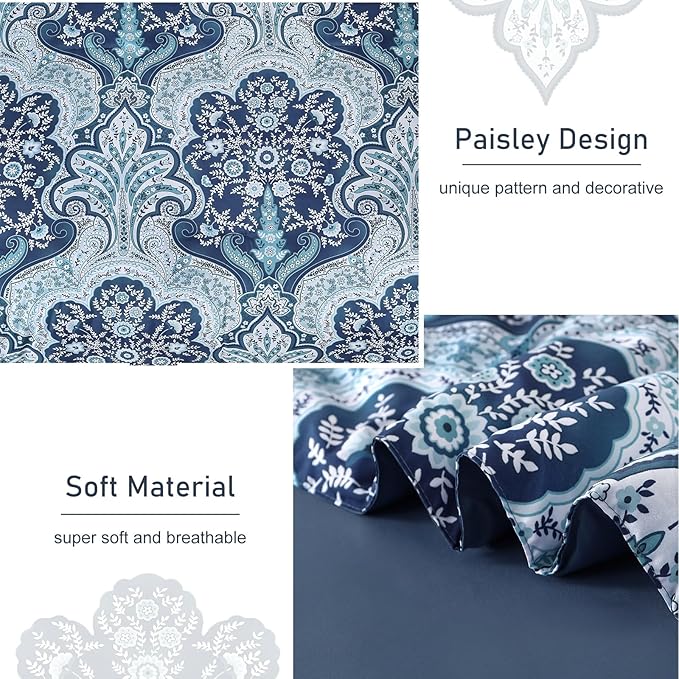 Drucon Paisley Comforter Set King Size, 7 Pieces Bed in a Bag Blue Boho Comforter, Soft Lightweight Microfiber Bedding Set (1 Comforter, 1 Flat Sheet, 1 Fitted Sheet, 2 Pillow Shams, 2 Pillowcases)