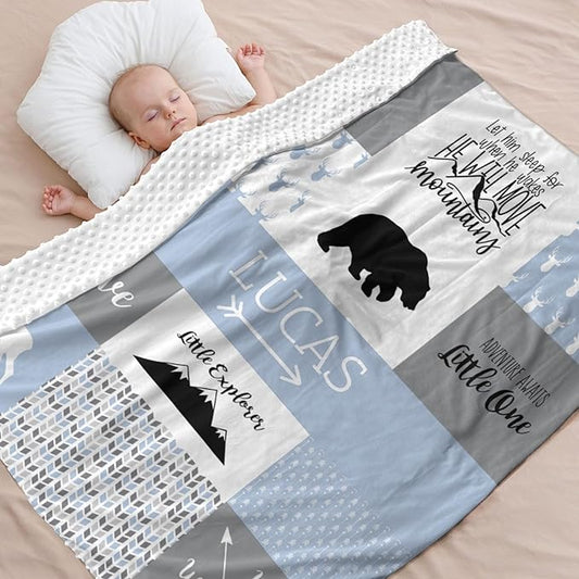 Personalized Baby Blanket, Woodland Baby Blankets for Boys, Super Soft Nursery Blankets with Cotton Front and Dotted Fleece Backing, Printed Bed Throws Newborn, Ashley Blue