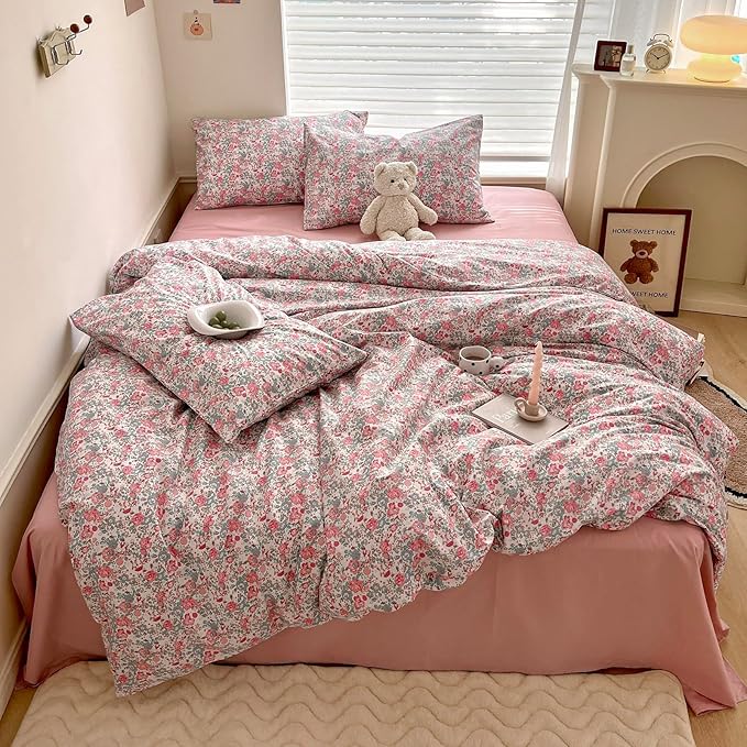 HighBuy Girl Duvet Cover Full Pink Floral Bedding Set - Shabby Chic Boho Cotton Coquette Duvet Cover Set Twin Size - Comforter Cover Set,3 Piece Bed Set(1 Duvet Cover 80"x90" and 2 Pillow Shams)