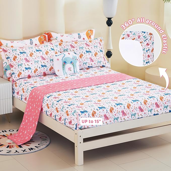 Mooreeke Kids Twin Comforter Sets for Girls 6 Pieces Cute Cat Flower Bedding Set for Teens Microfiber Floral Kids Bed in A Bag with Comforter, Sheet Set, Shams and Decorative Toy Pillow All Season