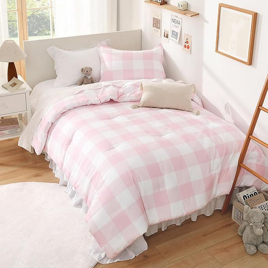 Andency Pink Checkered Comforter Full(79x90Inch), Plaid Gingham Buffalo Plaid Grid Bedding Sets for Girls Kids Women Kids Teens, 3 Pieces Lightweight Microfiber Geometric Preppy Bed Set