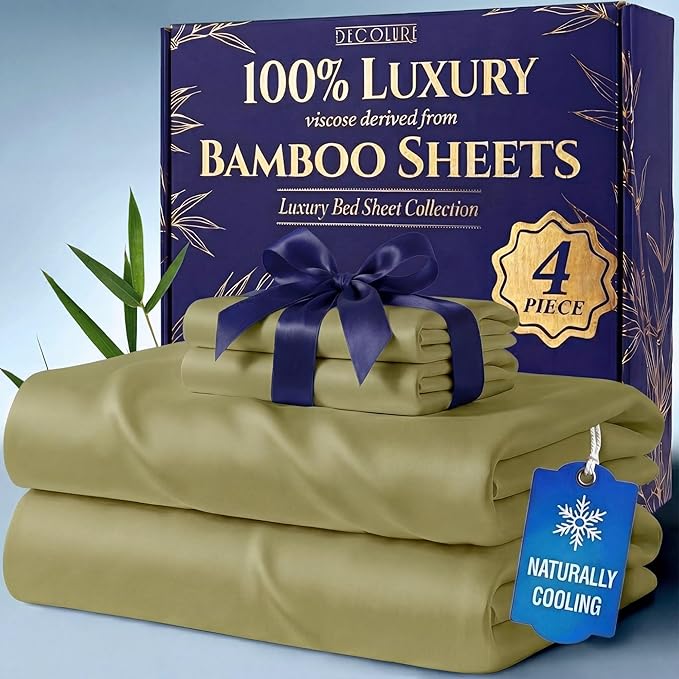 DECOLURE 100% Viscose Derived from Bamboo Sheets Full Size - Luxury 4 Pc Naturally Cooling Sheets, Ultra Soft Bed Set - Deep 17" Pockets, Durable Double Stitching, Oeko Tex Standard (Light Olive)