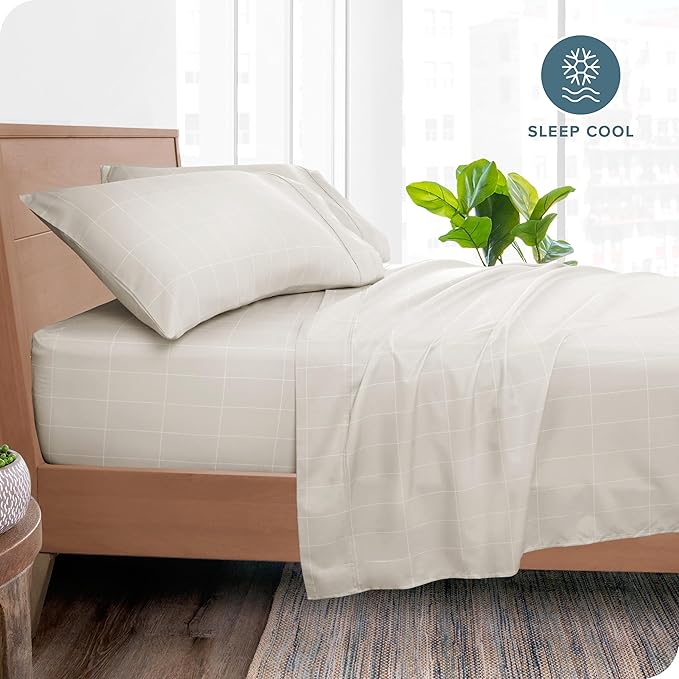 Bare Home California King Sheet Set - 1800 Ultra-Soft Microfiber Cal King Bed Sheets - Double Brushed - Deep Pocket - Easy Fit - 4 Piece Set (California King, Grid - Stone/White)