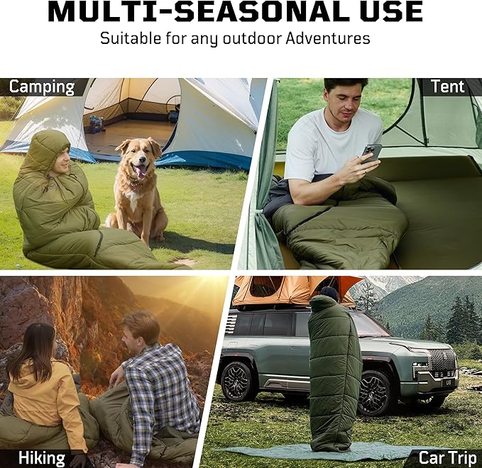 Sleeping Bag for Adults, 25-36℉Cold Weather Mummy Sleeping Bag, Lightweight 3–4 Season Winter Sleeping Bag with Adjustable Hood, Phone Pocket & Compression Sack for Camping Hiking Backpacking