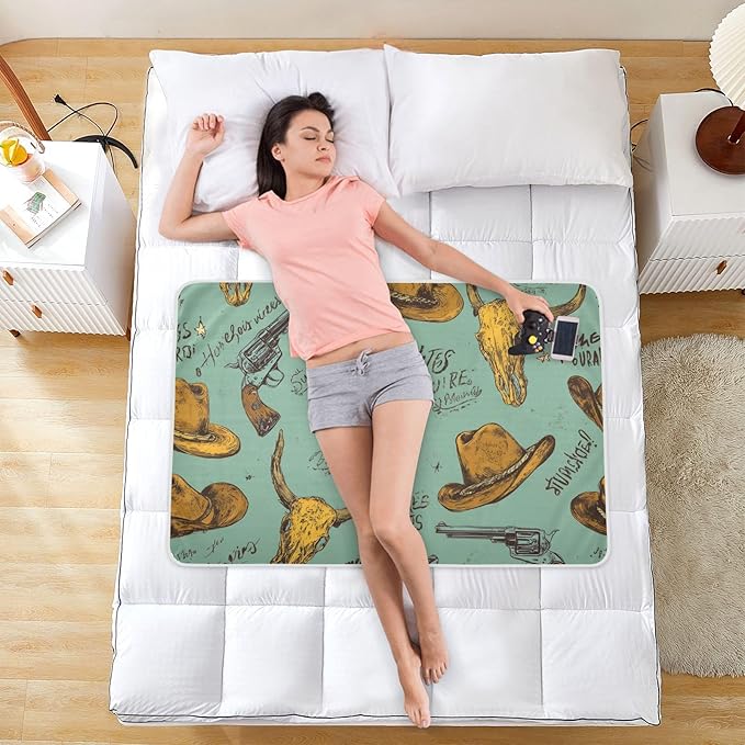 Waterproof Bed Pad Reusable Changing Pad Toddler Mattress Protector Large Pee Pad Baby Diaper Pad Soft Washable Liner Western Hippie Cow Skull Mint Green
