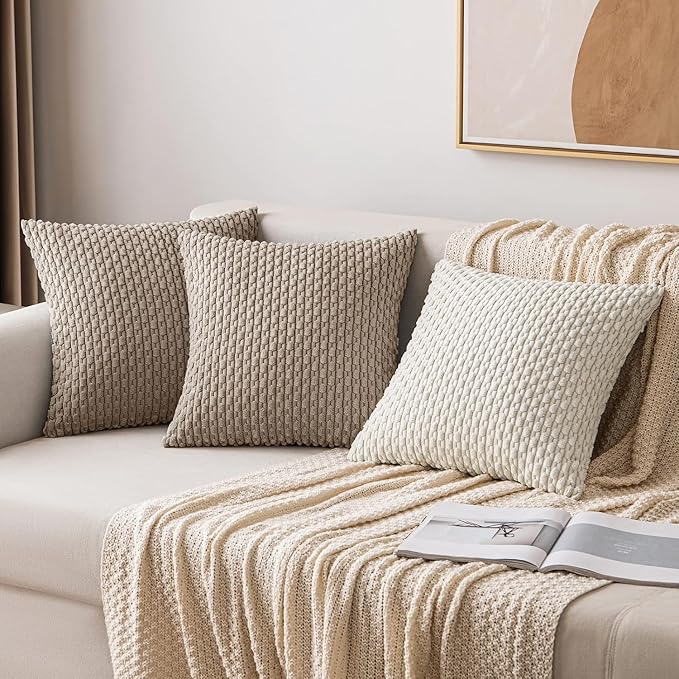 MIULEE Pack of 2 Decorative Throw Pillow Covers 18x18 Inch Soft Boho Striped Textured Corduroy Pillow Covers Modern Farmhouse Home Decor for Couch Bed Sofa Living Room Neutral Light Brown