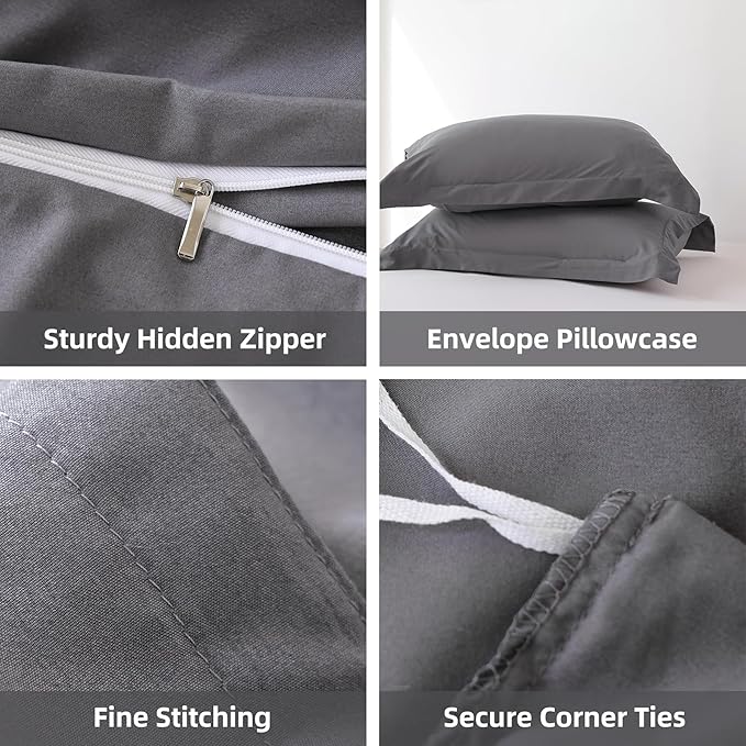 Whitney Home Textile Dark Grey Duvet Cover Set King Size - 3 Piece Luxury Soft Cooling Duvet Cover with Zipper Closure and Pillow Sham, Breathable Washed Brushed Microfiber, Comforter Not Included