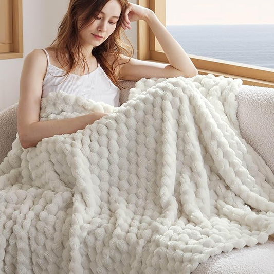 Bedsure Large Throw Blanket for Couch - 350GSM Fluffy Plush Bubble Blanket for Bed Home Room Decor, GentleSoft Cute Fleece Soft Cozy Gifts for Women Girls, Off White, 50x70 Inches