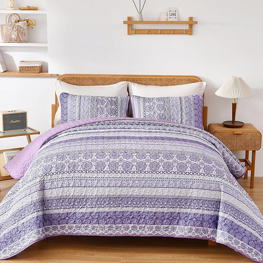 WONGS BEDDING Boho Quilt Set King Size, Purple Bohemian 3 Pieces Quilt Sets, Lightweight Bedspread Coverlet Bedding Set for All Season (104"x90")