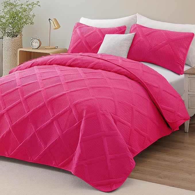 Exclusivo Mezcla King Quilt Set- Hot Pink Quilts Bedding Set with 2 Pillow Shams, Modern King Bedspread with Striped Pattern, Soft Lightweight Bedspreads Coverlets for All Seasons