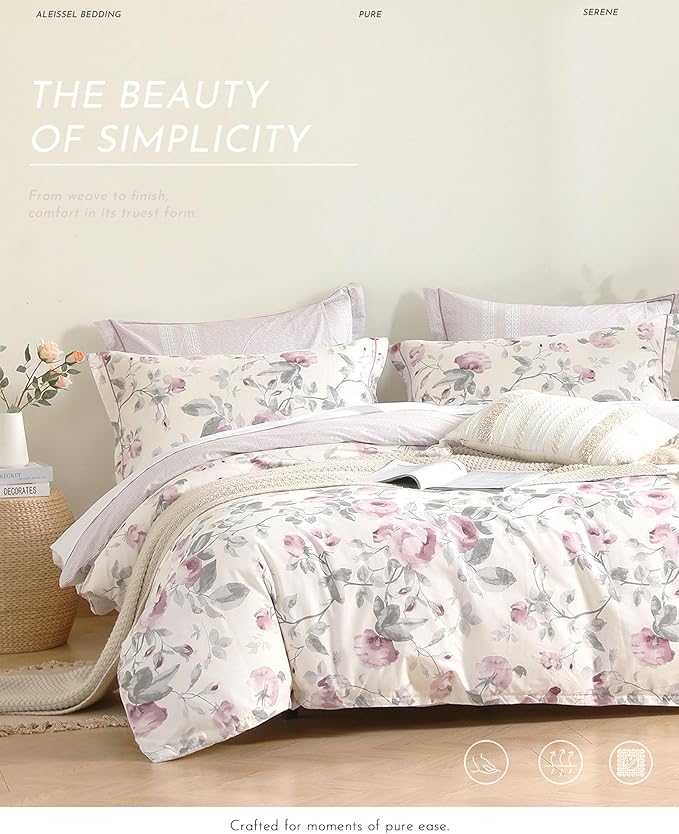 Vintage 100% Cotton Duvet Cover King Size - Dusty Rose & Soft Gray Foliage on White, Blush French Striped Patchwork Reverse, Neutural Bedding Set 3Pcs with Button Closure (King,104"x90")