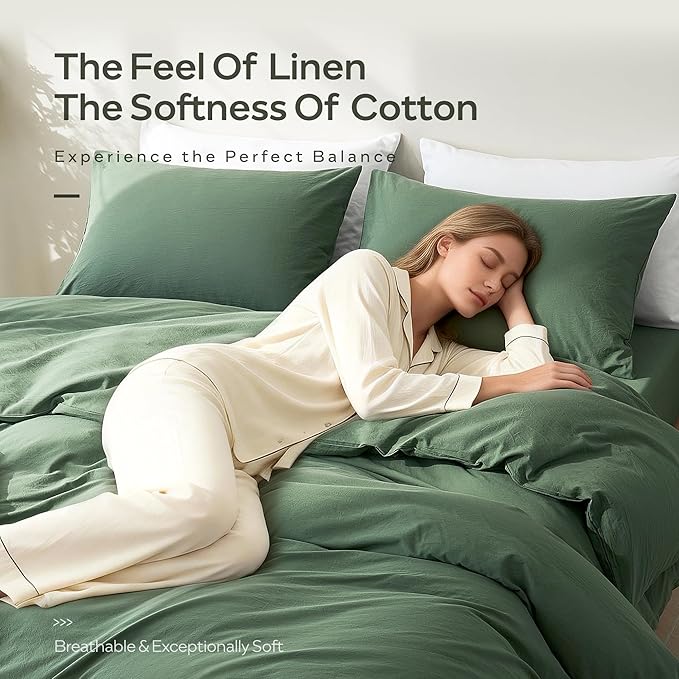 JELLYMONI Duvet Cover King Size - Washed Cotton Comforter Cover with Linen-Like Texture,Breathable & Soft Bedding for Modern Home,Guest Room and Everyday Use,Dusty Green 1 Duvet Cover & 2 Pillowcases