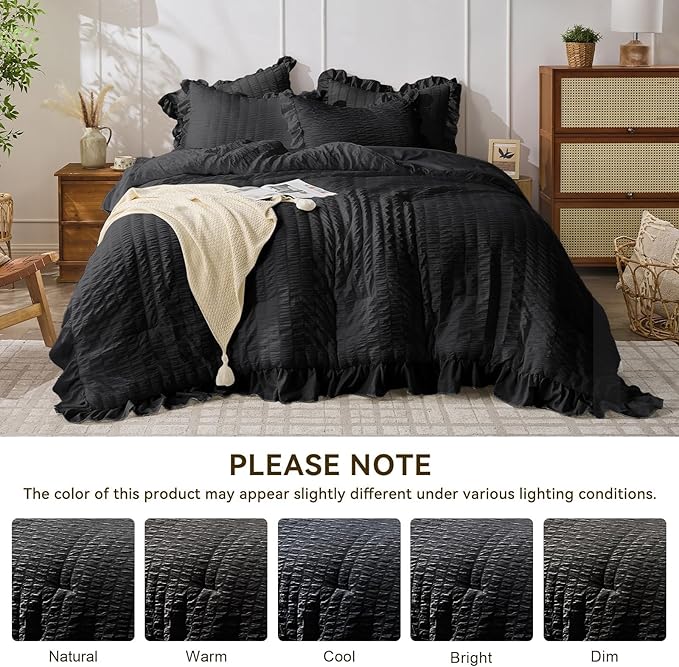 JOLLYVOGUE Black Twin Size Comforter Set, 2 Pieces Seersucker Lightweight Fluffy Bedding Set, Twin Ruffle Comforter, All Season Soft Microfiber Shabby Chic Bed Set