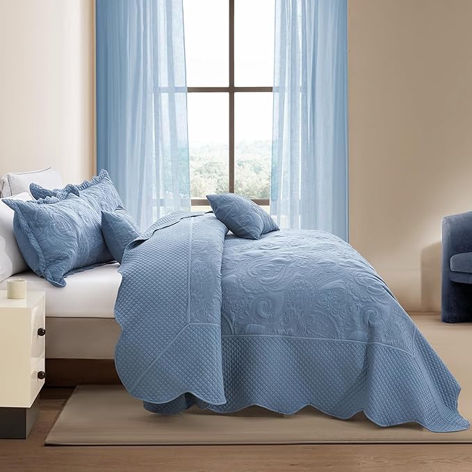 Oversized King Bedspread, Paisley Pattern Design, Lightweight Bedding Cover, Reversible, 5 Piece, 100% Microfiber, Smokey Blue