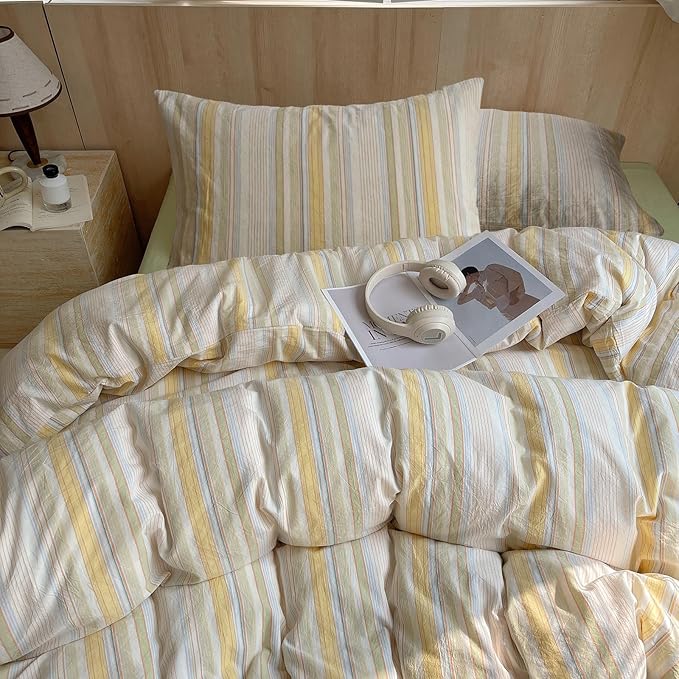Yellow Striped Duvet Cover Twin, 100% Washed Cotton Colorful Stripes Pattern Printed Bedding Set, 3 Pieces Soft Breathable Comforter Cover with Zipper Closure, Retro Striped Farmhouse Bedding Set