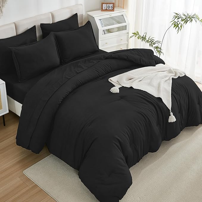 Litanika Comforter California King Size Set Black - 7 Pieces Bed in a Bag California King Bedding Comforter Sets, Plain Lightweight Bed Set with Comforter, Sheets, Pillowcases & Shams