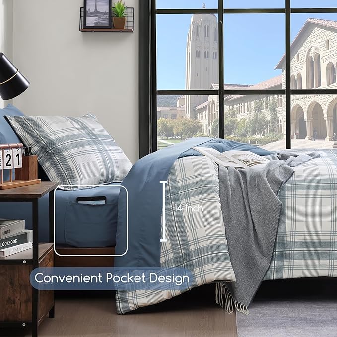 Twin XL Comforter Set, Blue Grey Plaid Bedding Set 5 Piece for Boys Girls Teen, Classic Homestead-Style Kids Comforter Set Bed in A Bag with Sheets, Pillowcase & Sham
