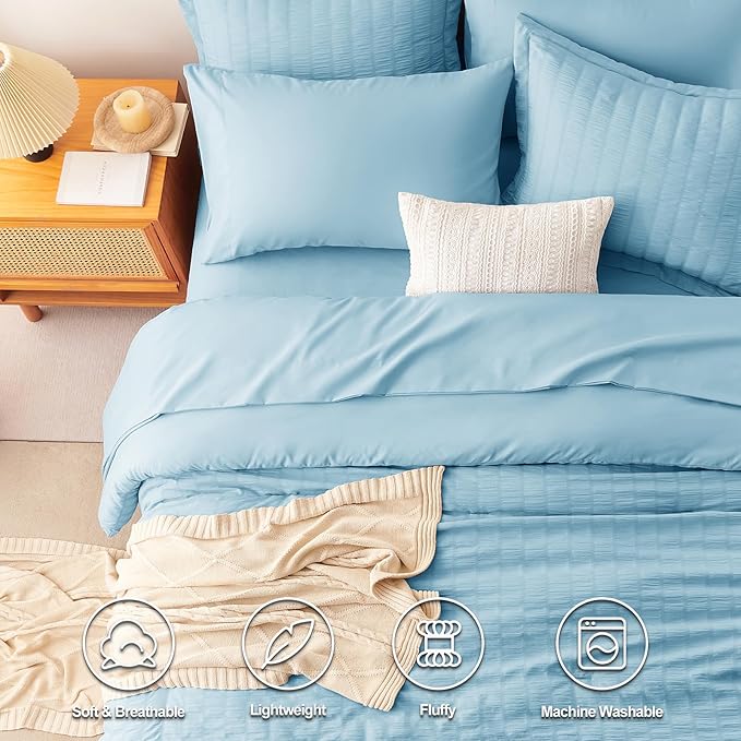 CozyLux Full Size Comforter Sets with Sheets Seersucker 7 Pieces Sky Blue Bed in a Bag Textured Luxury Soft Bedding Set with Down Alternative Comforter, Sheets, Pillowcases & Shams for All Seasons