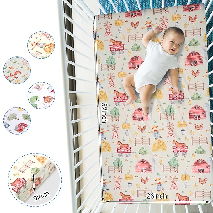 VitalCozy 4 Pcs Farm Animals Crib Sheet Set Newborn Bedding Nursery Baby Sheets for Girl Boys Baby Gifts for Standard Crib and Toddler Mattresses, 52 x 28 x 8 Inches