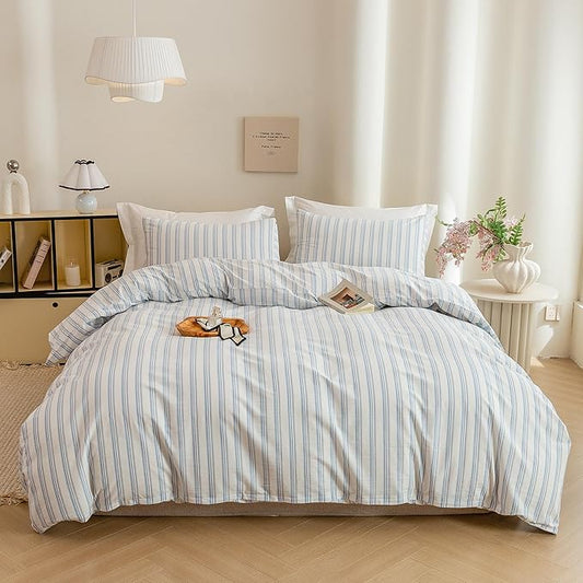 ECOCOTT Striped Duvet Cover Queen Size -100% Washed Cotton Linen Like Textured Breathable Durable Soft Comfy Bedding Set with Zipper Closure & Corner Ties
