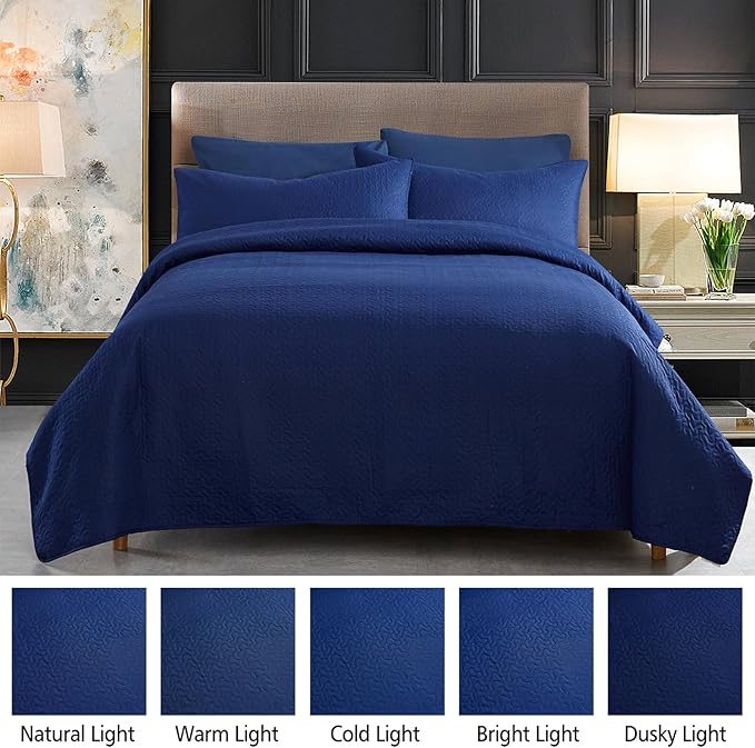 JML Quilts Set, Bedspread Coverlet Set with Pillowcases - 3 Piece Soft and Lightweight Bed Quilt for Spring, Autumn and Summer (Embossed Stripe - Navy, King(92"x104"))