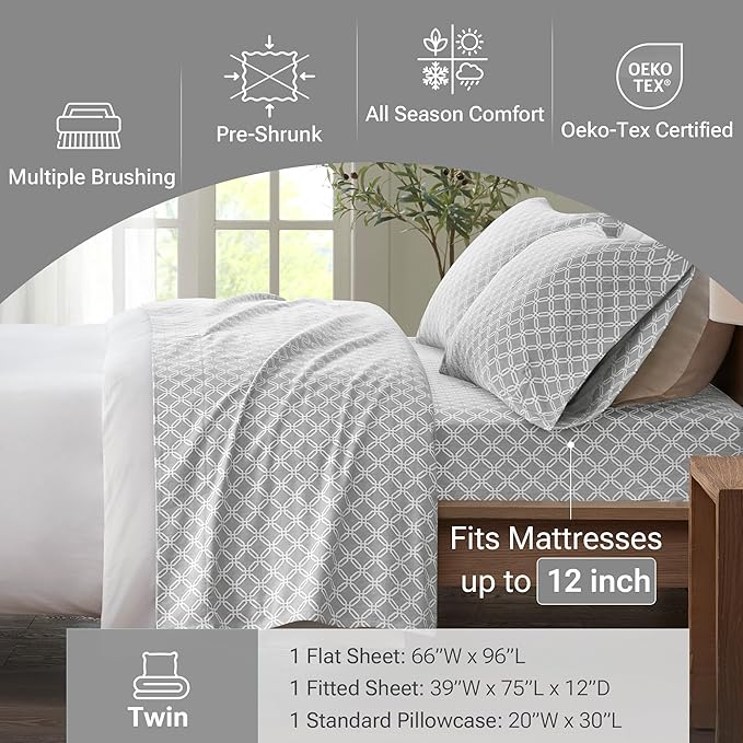 True North by Sleep Philosophy Cozy Flannel Warm 100% Cotton Sheet - Novelty Print Animals Stars Cute Ultra Soft Cold Weather Bedding Set, Twin, Grey Geo 3 Piece