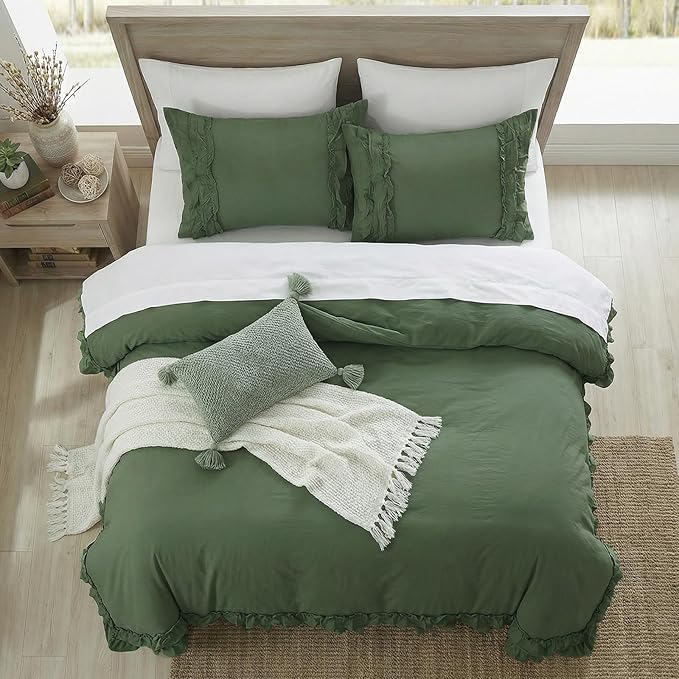 Bedorm Boho Twin Duvet Cover Olive Green Bedding Set Shabby Chic Lace Fringe Ruffle Bedding Super Soft Warm Farmhouse Comforter Cover 3 Pcs Sets