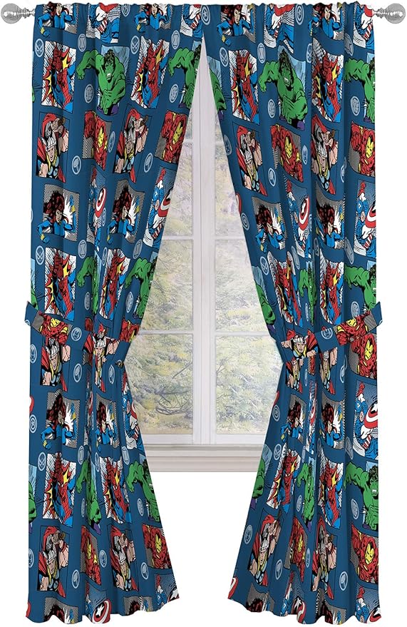 Jay Franco Marvel Avengers Fighting Team 84" Inch Drapes - Beautiful Room Décor & Easy Set Up, Bedding - Curtains Include 2 Tiebacks, 4 Piece Set (Official Marvel Product)
