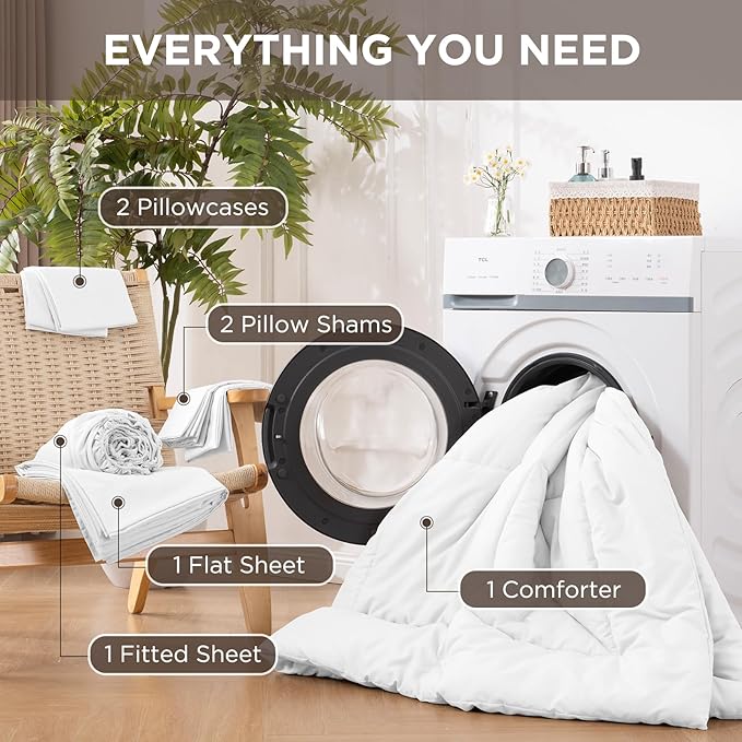 7 Pieces King Comforter Set - Utral Soft Microfiber Bedding Set, Thick Duvet Insert Bed in a Bag Without Rustling Noise for All Season, White (102"x90")