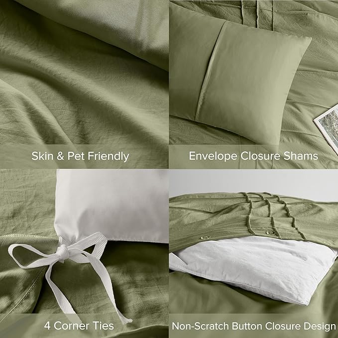 Comfort Spaces Olive Green King Size Duvet Cover Set - 3-pc Pintuck Pleated Duvet Cover & Shams, King, All Season Lightweight, Extra Softness Pre-Washed Microfiber