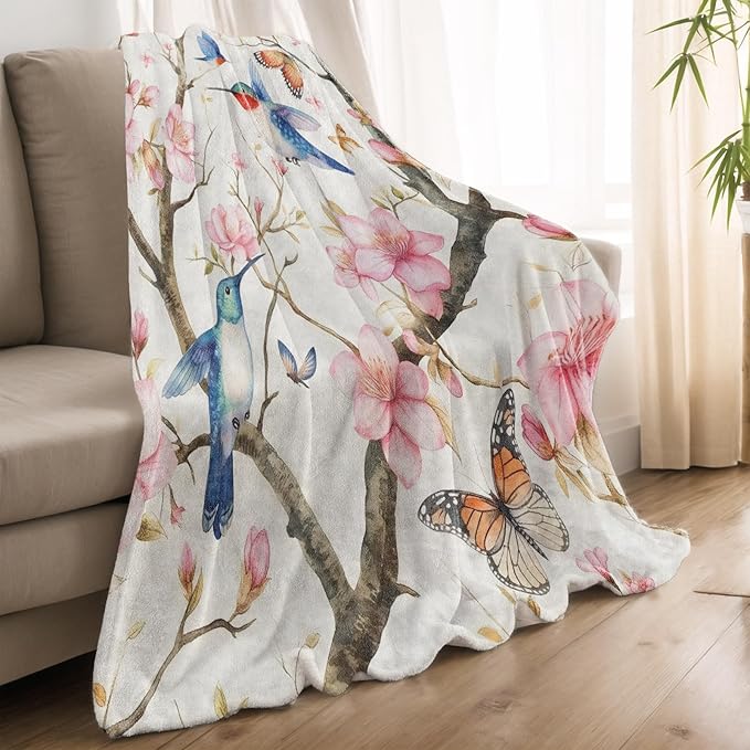 Watercolor Hummingbird Blanket Lightweight Blankets Gifts for Nature Lover Flannel Throw with Pink Cherry Blossom and Butterfly Printed for Sofa, Bed, Travel, Spring Decor Throws 60x50 Inch
