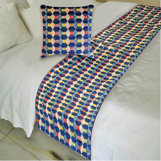The HomeCentric Blue Bed Runner for King/Queen/Twin Velvet Decorative Bed Scarf 53"x18" Bed Runner Without Pillow Cover, Geometric Bed Scarf Bedroom Décor Accent - Blue Patterns
